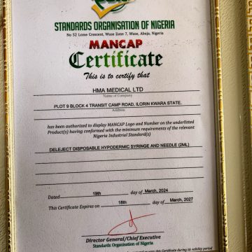 Standards Organisation of Nigeria Awards MANCAP Certification to HMA Medical Limited (Syringe & Needle Plant) three other Companies