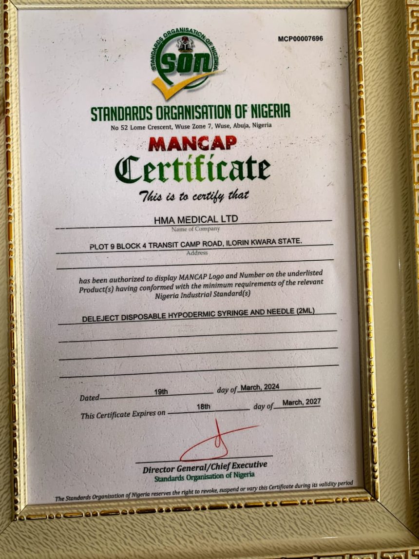 Standards Organisation of Nigeria Awards MANCAP Certification to HMA Medical Limited (Syringe & Needle Plant) three other Companies