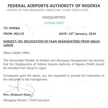 RE: FAAN CORPORATE HEADQUARTERS TO MOVE FROM ABUJA TO LAGOS