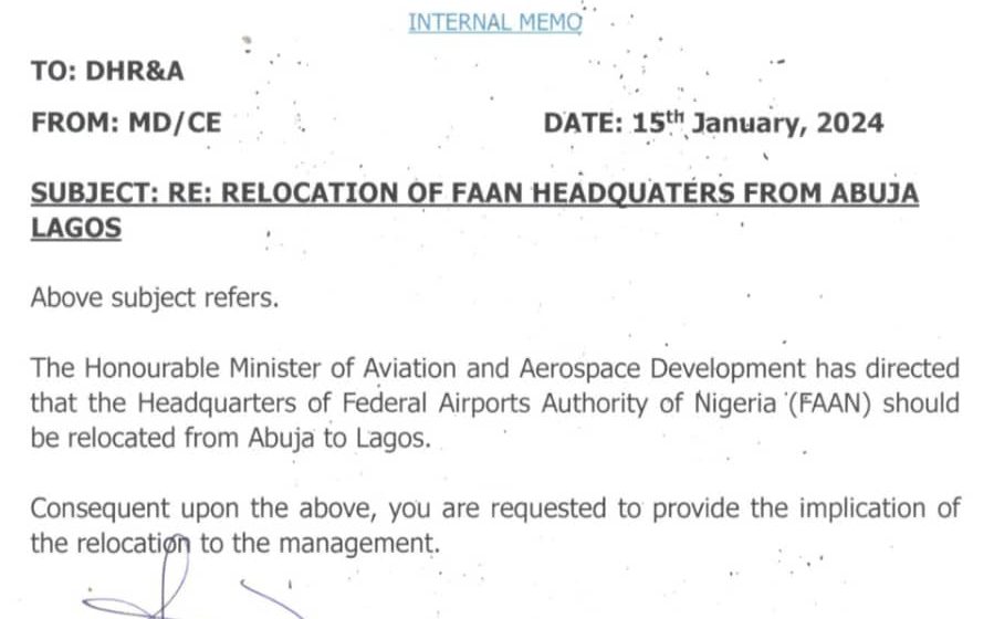 RE: FAAN CORPORATE HEADQUARTERS TO MOVE FROM ABUJA TO LAGOS