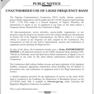 NCC warns unauthorized telecom operators from using its 5.4GHz frequency